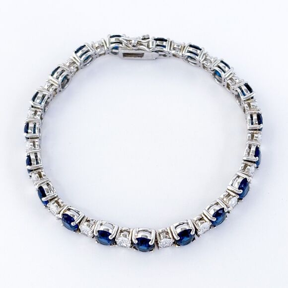 Vintage China Sterling Silver 925 Blue & Clear Cubic Zirconia Tennis Bracelet 7" - Picture 3 of 6